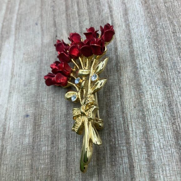 Roses Dozen Vintage Red Gold Tone Rhinestone Brooch Pin - Picture 6 of 7